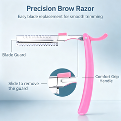 Professional Folding Eyebrow Razor Set - Includes Pink Non-Slip Handle & 10 Stainless Steel Replacement Blades, Safe for Beginners