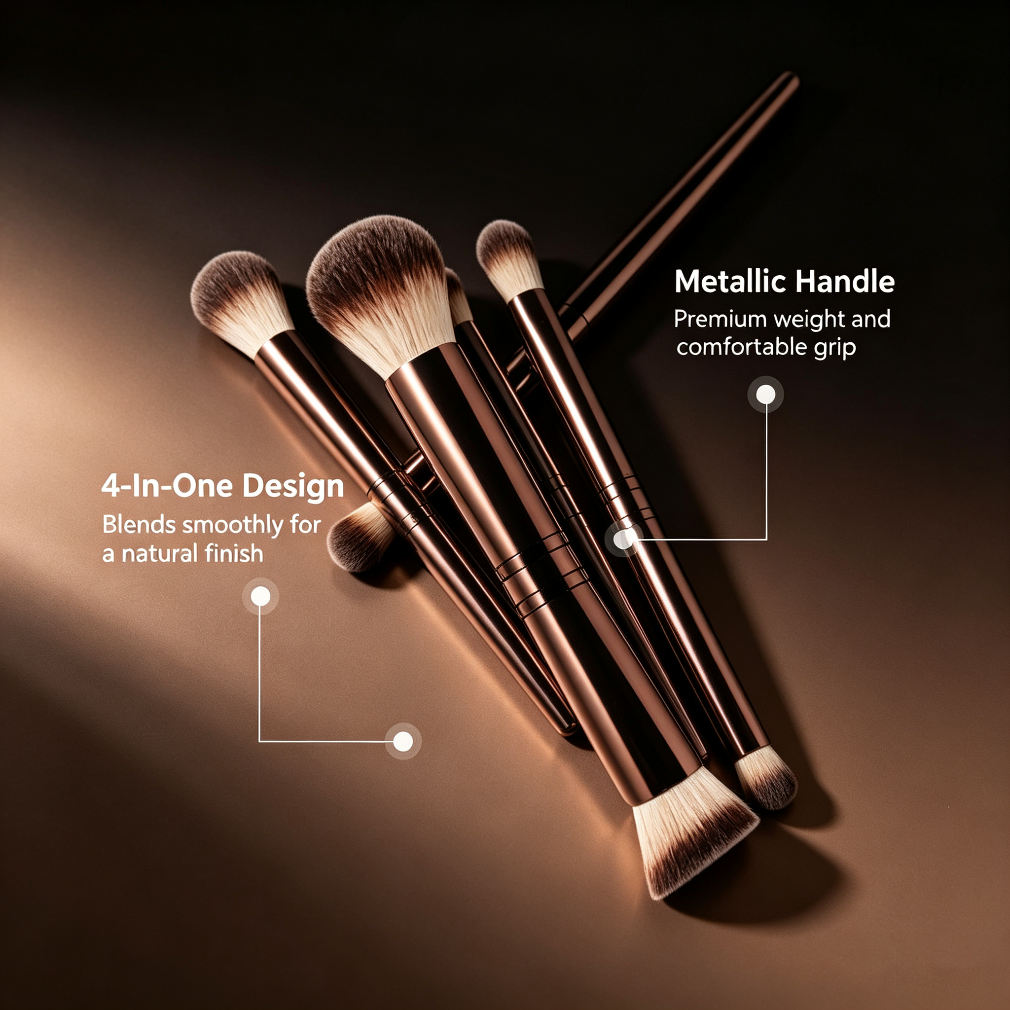 4-in-1 Hidden Multi-Function Makeup Brush Set - Metallic Handle with Portable Case, Includes Powder/Foundation/Eyeshadow/Concealer Brushes