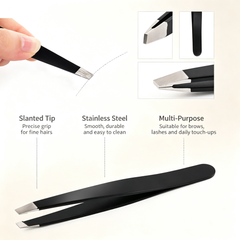 Black Stainless Steel Slanted Tip Tweezers - Precision Eyebrow & Eyelash Grooming Tool for Daily Detail Work