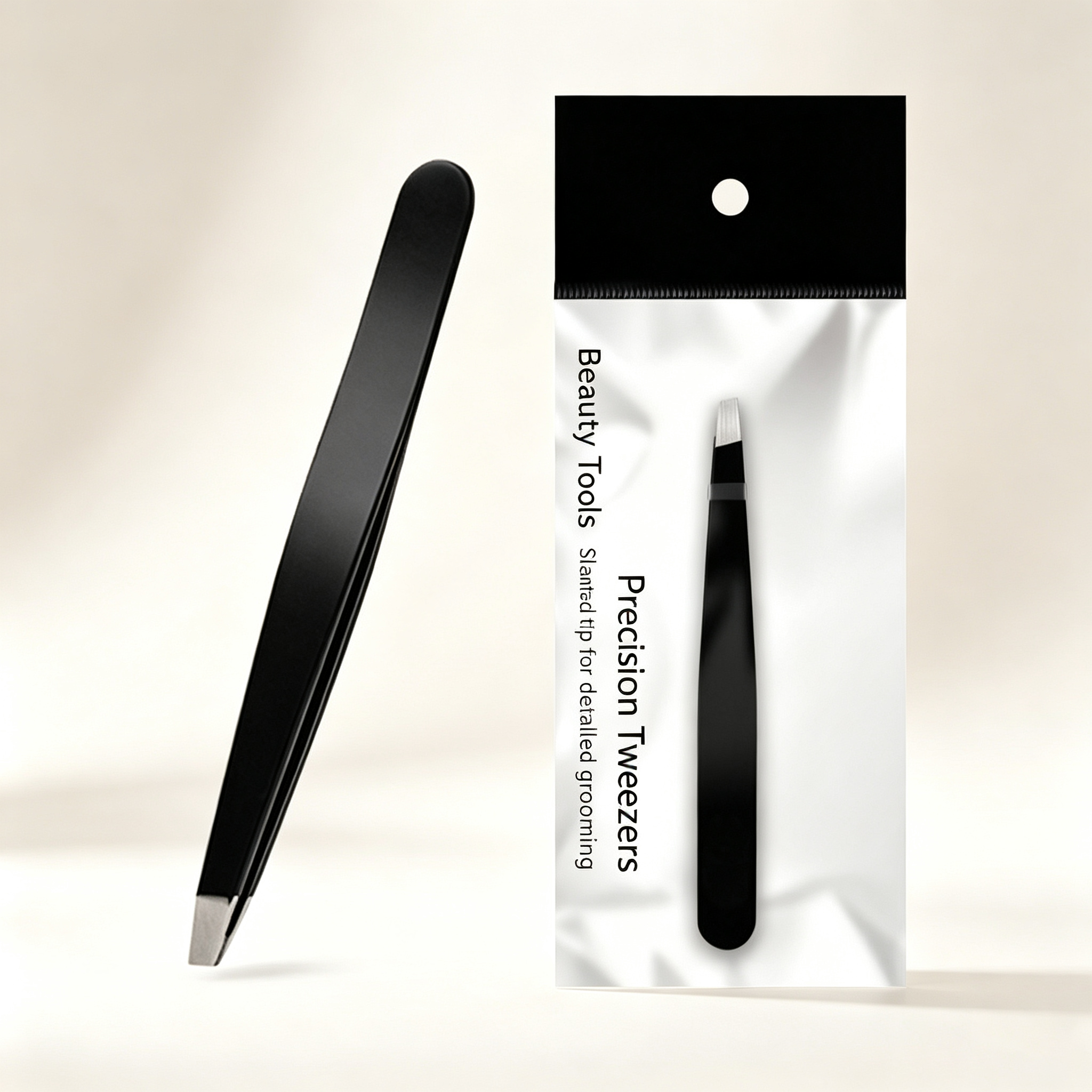 Black Stainless Steel Slanted Tip Tweezers - Precision Eyebrow & Eyelash Grooming Tool for Daily Detail Work