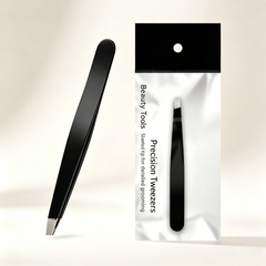 Black Stainless Steel Slanted Tip Tweezers - Precision Eyebrow & Eyelash Grooming Tool for Daily Detail Work
